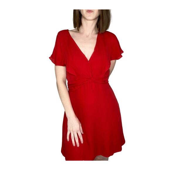 Revolve Parker Katie V-neck Mini Dress Monaco Red 100% Silk Flutter Sleeve 4 - Picture 1 of 8